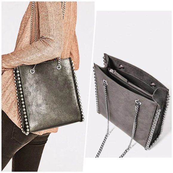 Zara Handbags - Zara Studded Faux Suede Tote Bag with Silver Chain Straps